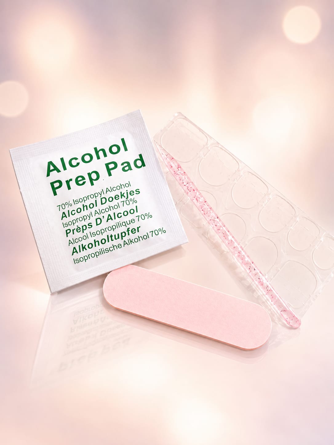 Press-on nail kit with alcohol prep pad, nail file, cuticle stick and adhesive tabs