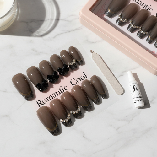 Romantic Cool Press-On Nails – Black Bow & Rhinestone
