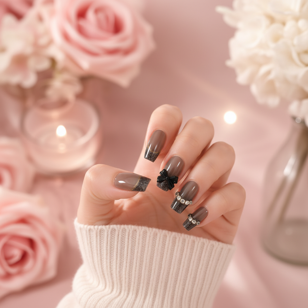 Romantic Cool Press-On Nails – Black Bow & Rhinestone